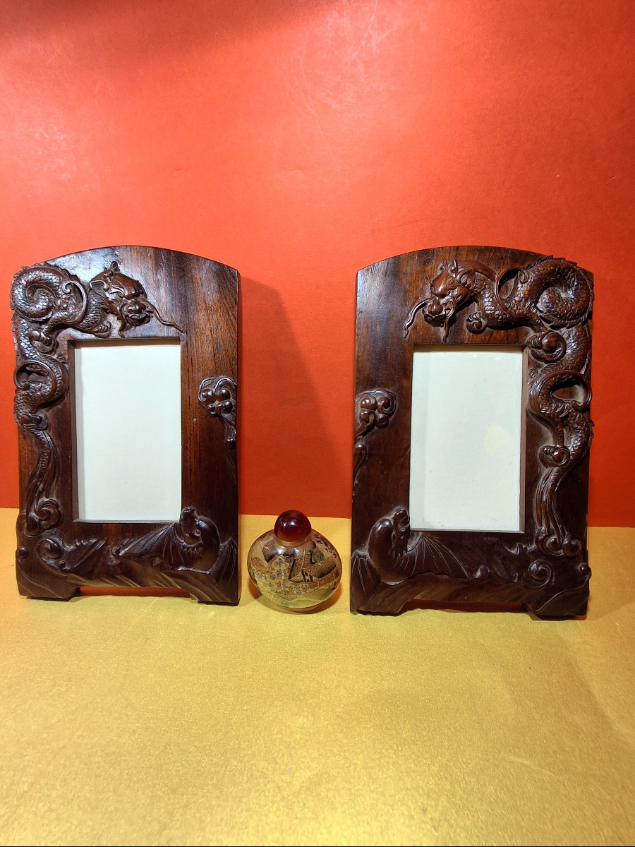 Pair Of Rosewood Frames, Carved With Two Dragons, With Inverted Decor, Identical XIXth Century-photo-6