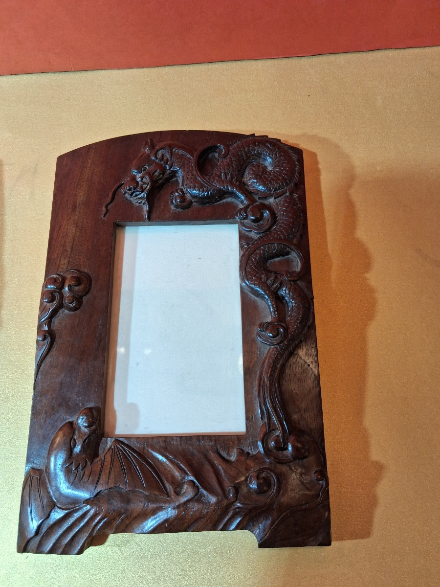 Pair Of Rosewood Frames, Carved With Two Dragons, With Inverted Decor, Identical XIXth Century-photo-1