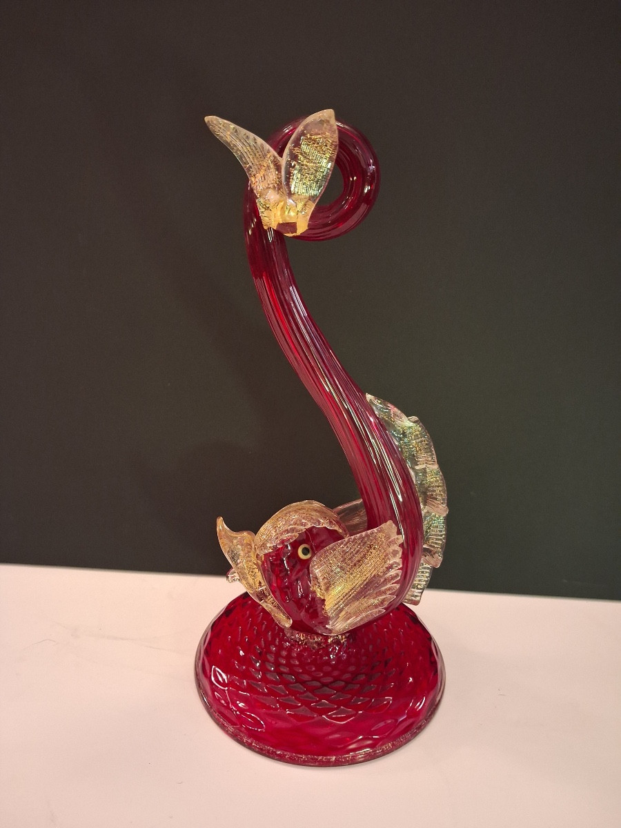 Grand dauphin en verre soufflé de Murano avec inclusions de paillettes d'or  Barovier et Toso 