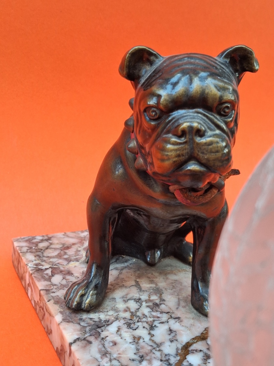 Veilleuse bouledogue en régule mordoré , socle en marbre , globe en verre craquelé -photo-4