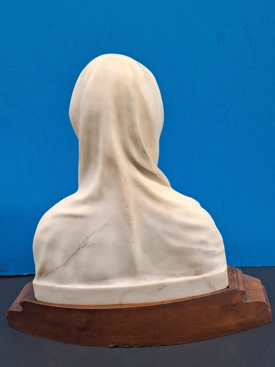 Marble Bust Of The Virgin Mary, Walnut Base, Signed By Guglielmo Pugi ( 1850- 1915 )-photo-3