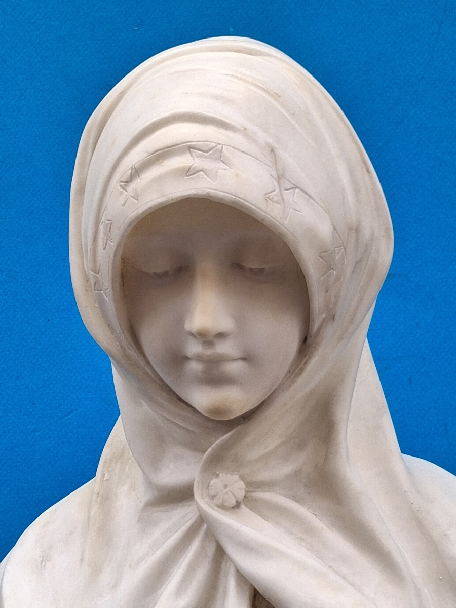Marble Bust Of The Virgin Mary, Walnut Base, Signed By Guglielmo Pugi ( 1850- 1915 )-photo-4