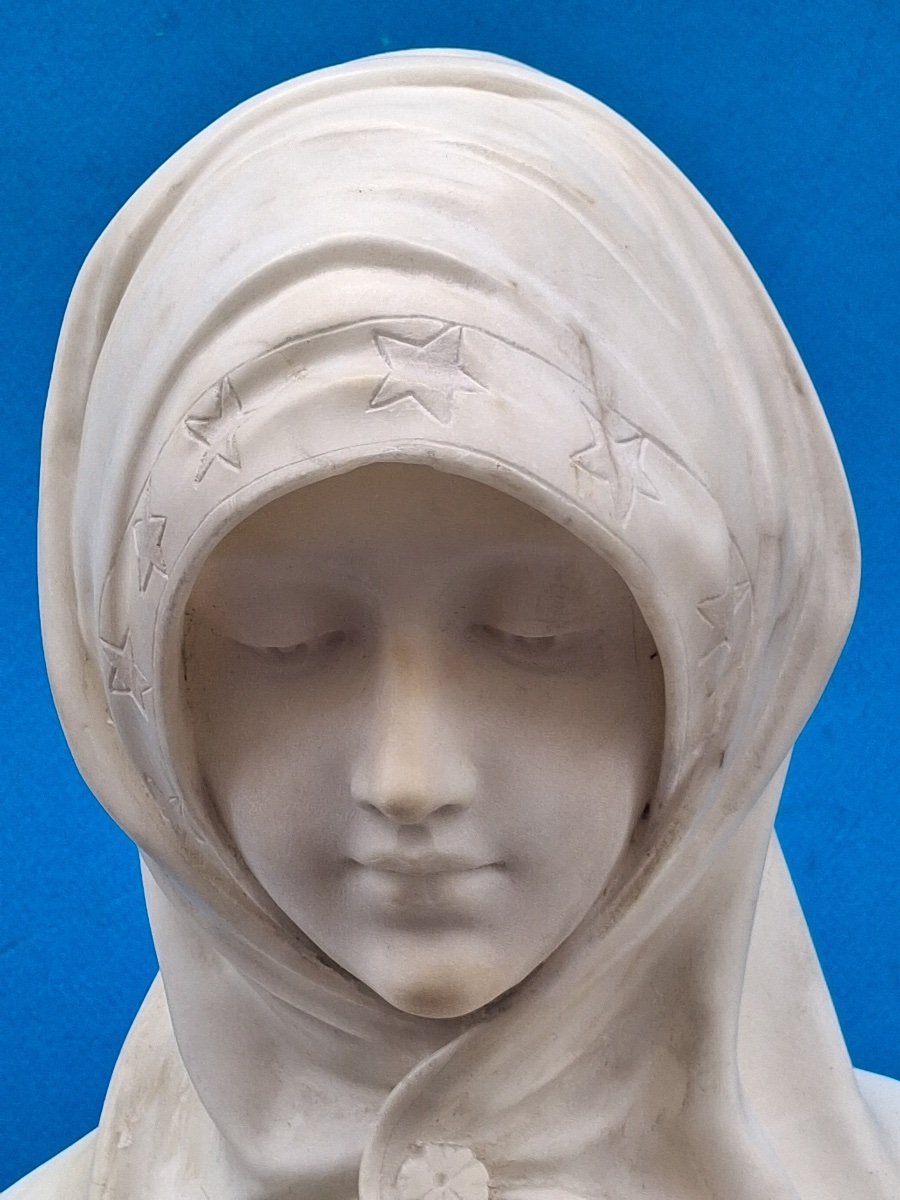 Marble Bust Of The Virgin Mary, Walnut Base, Signed By Guglielmo Pugi ( 1850- 1915 )-photo-5