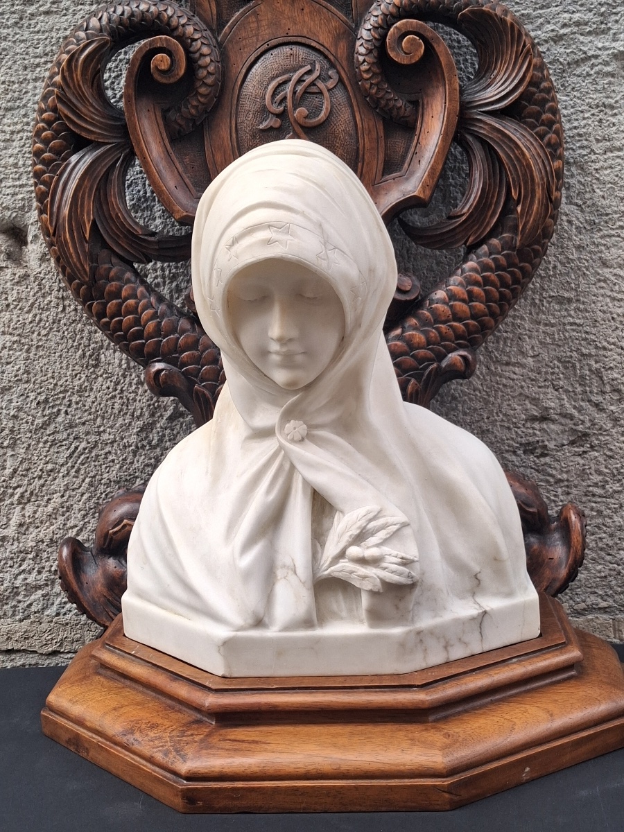 Marble Bust Of The Virgin Mary, Walnut Base, Signed By Guglielmo Pugi ( 1850- 1915 )-photo-8