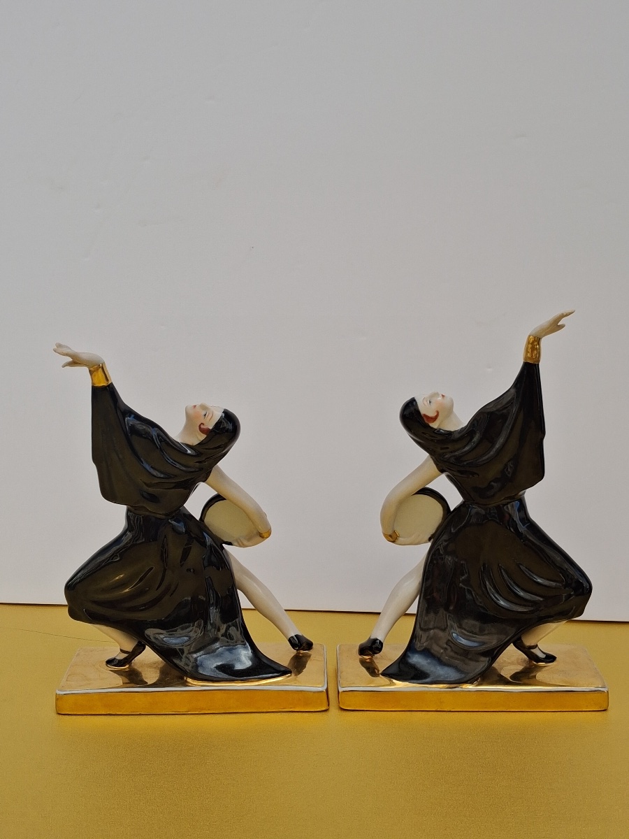 Paire de serre livres " Les gitanes " de ROBJ ( Jean Born)  en porcelaine , époque Art Déco -photo-3
