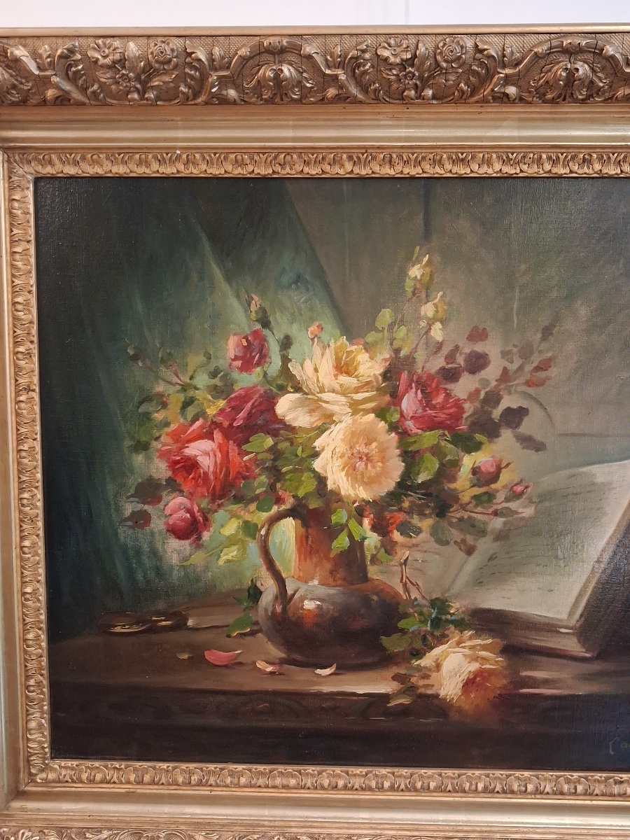 Nature morte signée de , Laurence  , pseudonyme du peintre Brunel de Neuville ( 1852- 1941 )-photo-2
