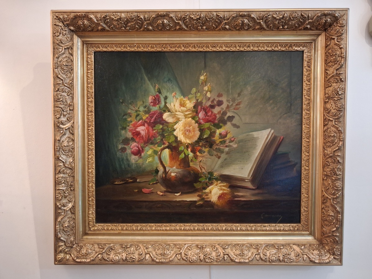 Nature morte signée de , Laurence  , pseudonyme du peintre Brunel de Neuville ( 1852- 1941 )