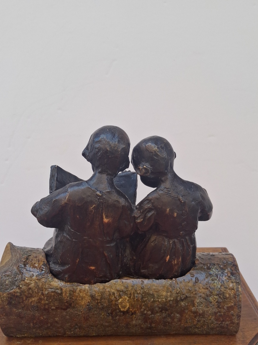 Bronze attribué à Becky Eiker  ( 1942) USA , deux petites filles assises lisant  XXème-photo-3