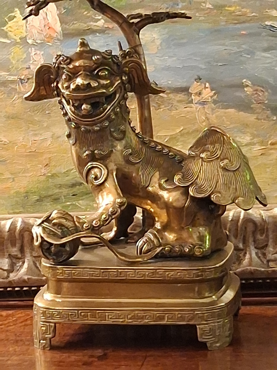 Chien de Fô en laiton monté en lampe -photo-2