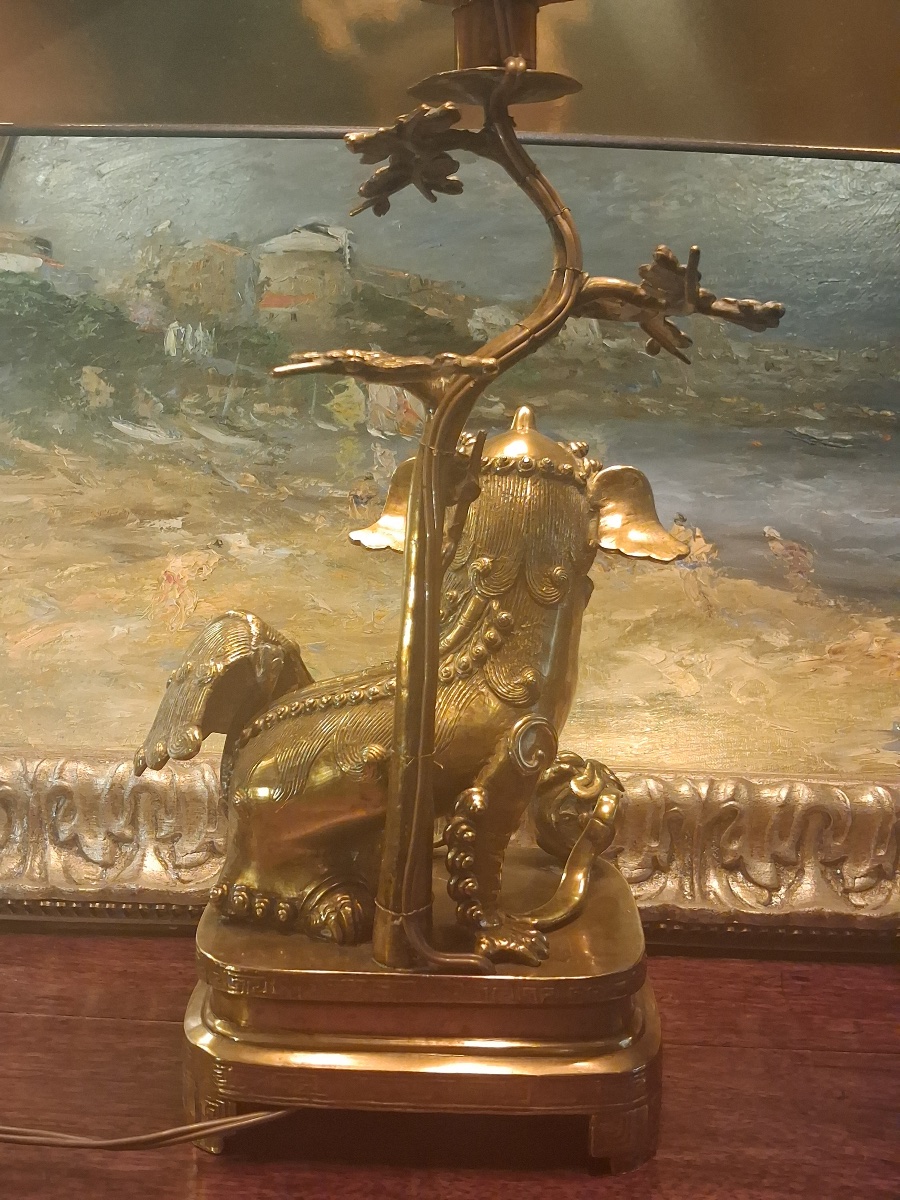 Chien de Fô en laiton monté en lampe -photo-1