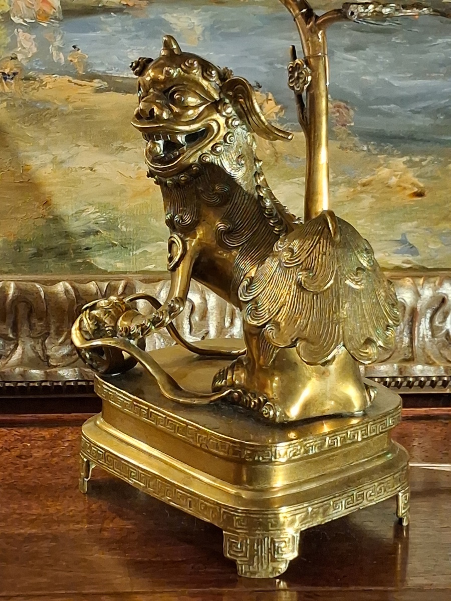 Chien de Fô en laiton monté en lampe -photo-7