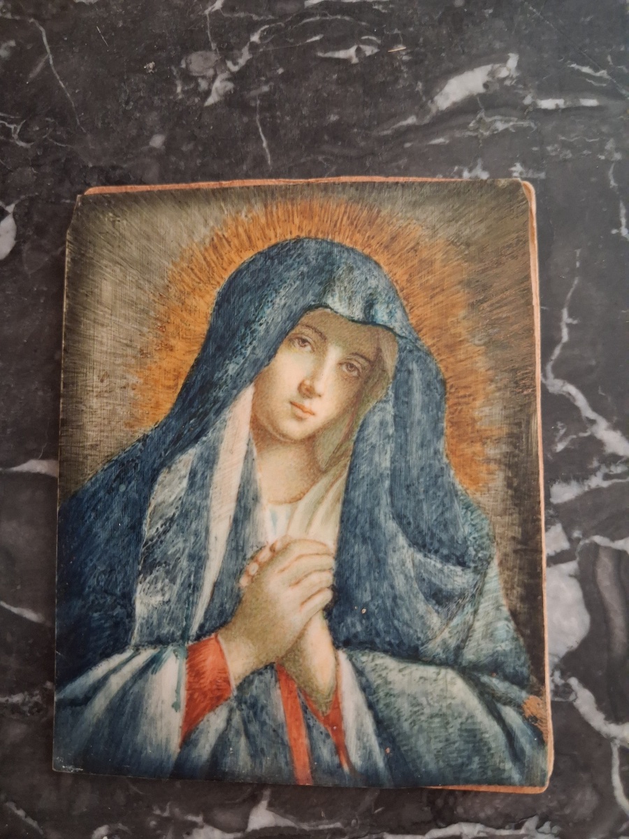 Miniature peinte sur ivoire de la Vierge d'après le tableau de G.B. Salvi ( 1609- 1685 )-photo-2