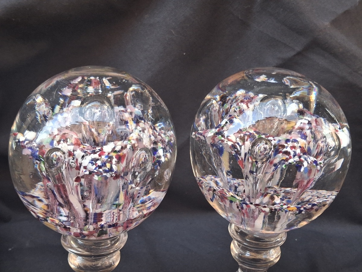 Pair Of Glass Sulfide Paperweights On Stands, 19th Century-photo-2