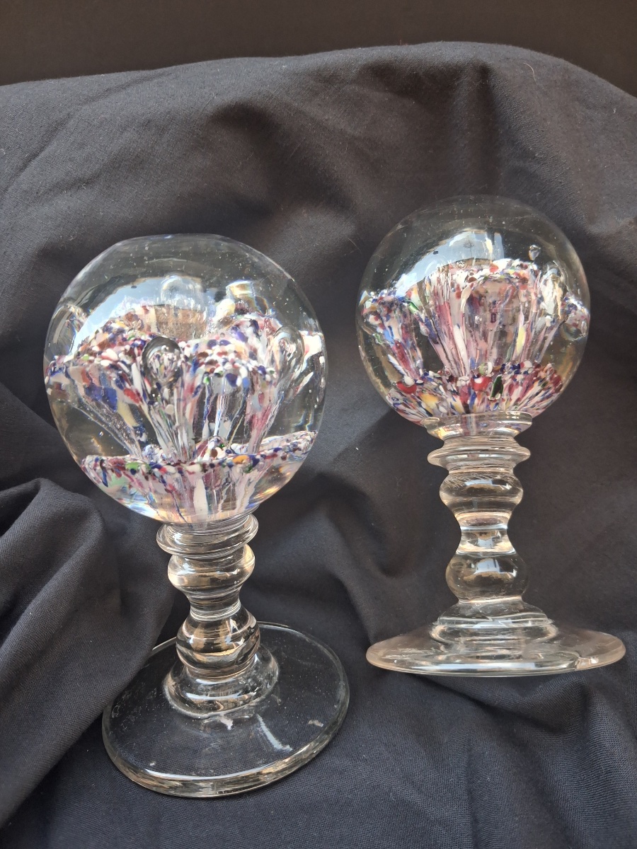 Pair Of Glass Sulfide Paperweights On Stands, 19th Century-photo-4