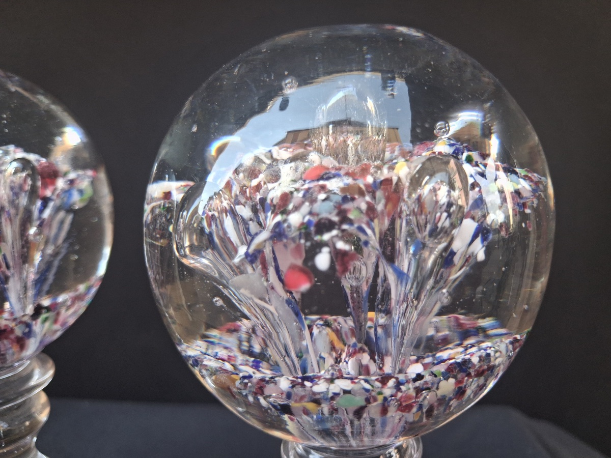 Pair Of Glass Sulfide Paperweights On Stands, 19th Century-photo-5