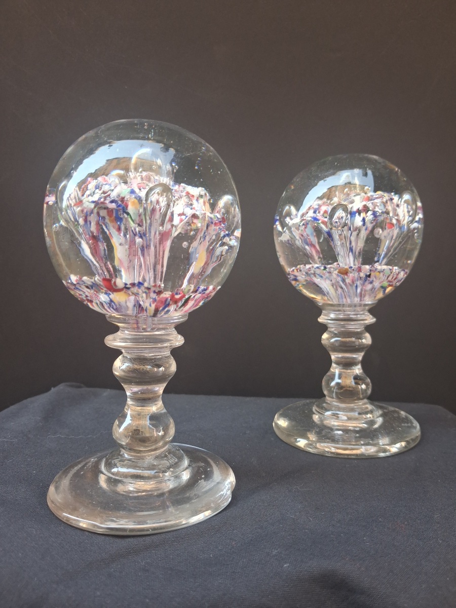 Pair Of Glass Sulfide Paperweights On Stands, 19th Century-photo-6
