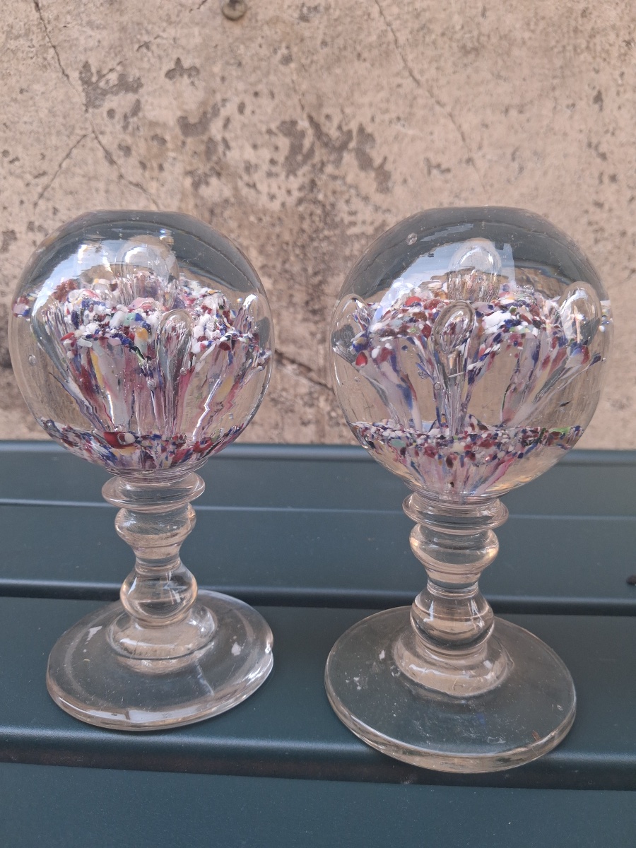 Pair Of Glass Sulfide Paperweights On Stands, 19th Century-photo-7