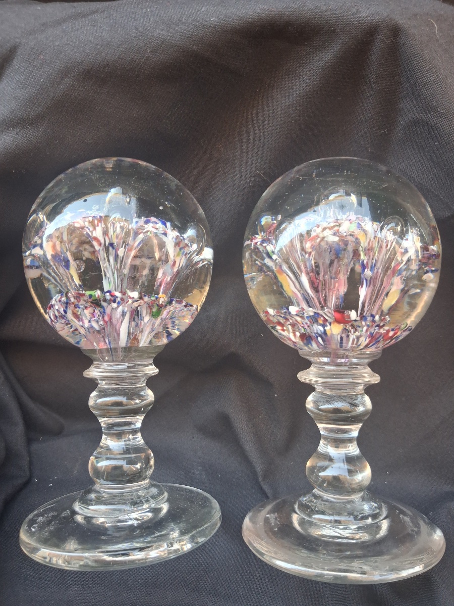Pair Of Glass Sulfide Paperweights On Stands, 19th Century