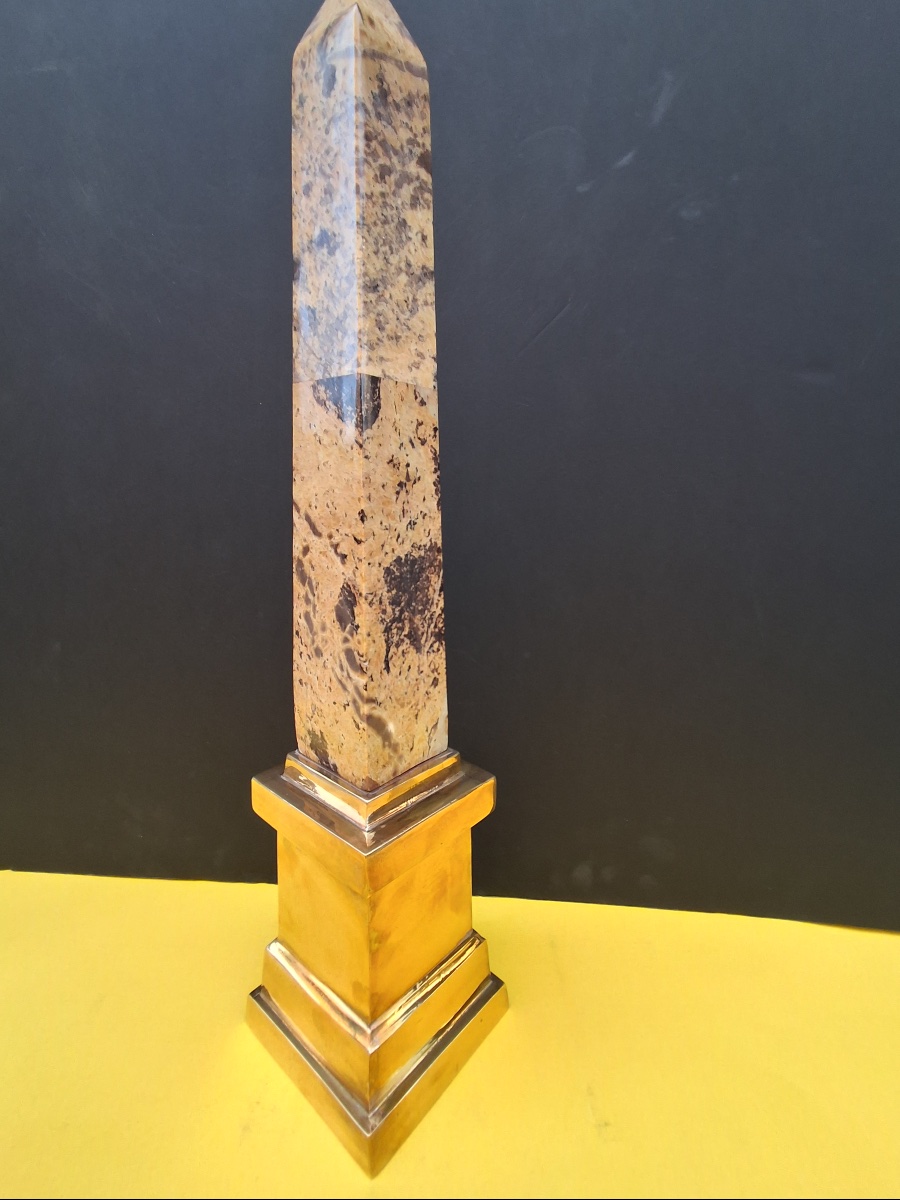 Marble Obelisk Mounted On A Brass Base, 20th Century-photo-3