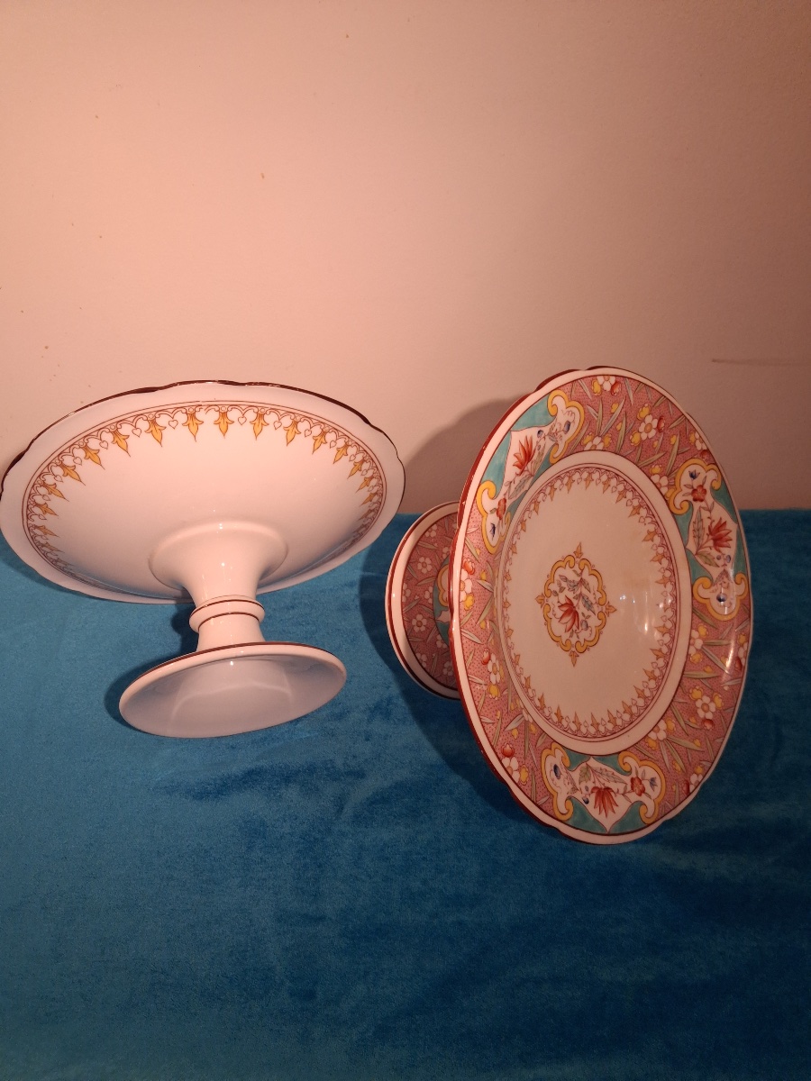 Paire de présentoirs à gâteaux sur pied,   faïence de Sarreguemines  ( Marque de 1914- 1918 )-photo-5