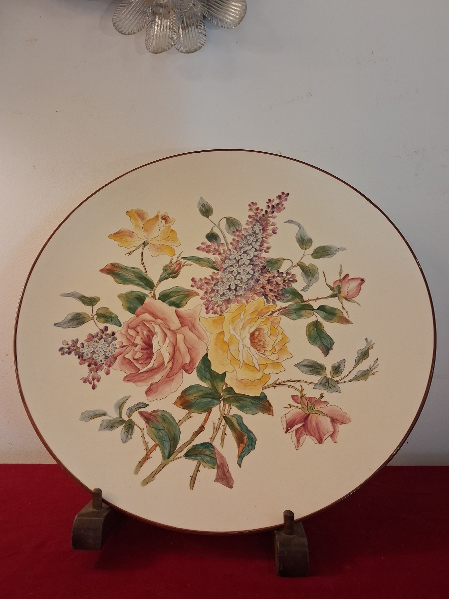Grand plat ( diamètre 38 cm ) en faïence  de Longchamp , décor floral,  XIX ème