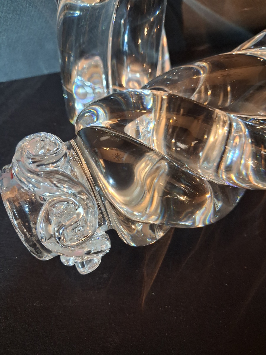 Pair Of Clear Crystal Candlesticks By Baccarat, "aladin" Model, Twisted Design, 20th Century-photo-3