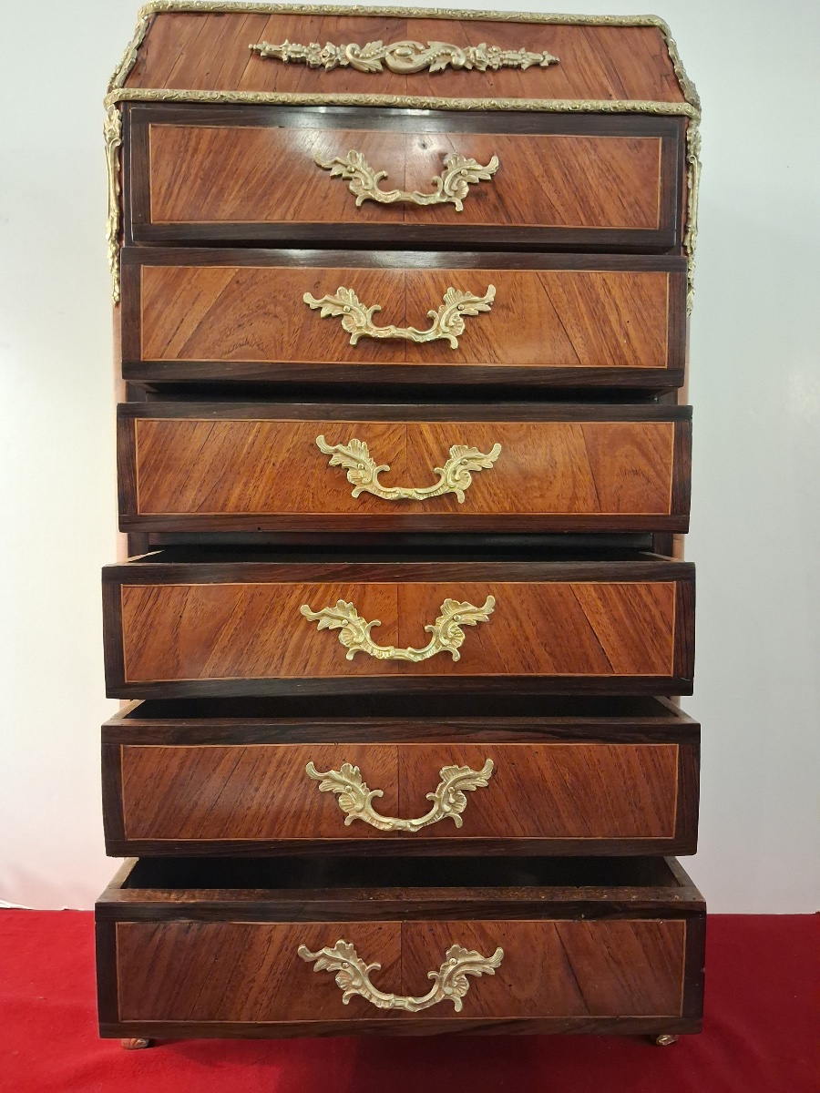 Meuble de maîtrise : chiffonnier marqueté , de style Louis XV , époque XIX ème .-photo-2