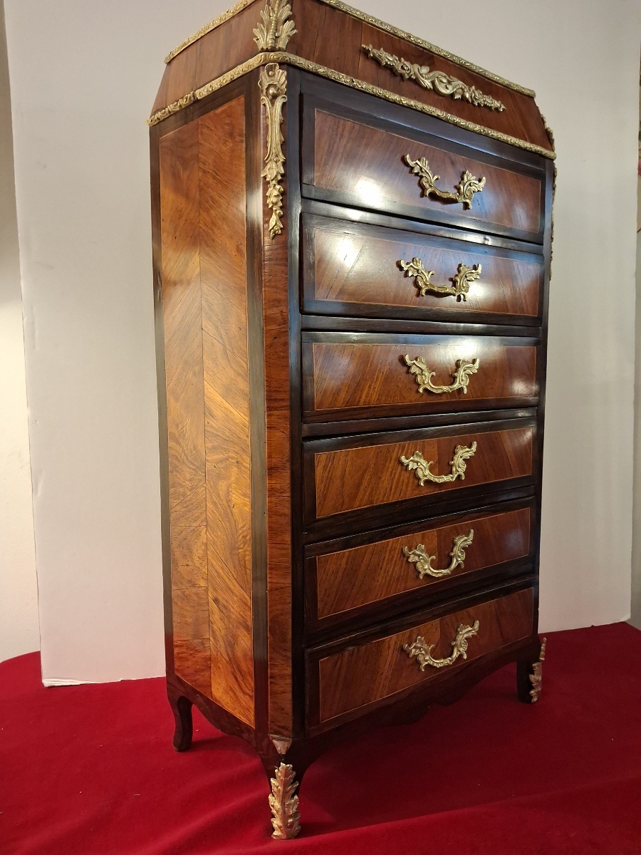 Meuble de maîtrise : chiffonnier marqueté , de style Louis XV , époque XIX ème .-photo-3
