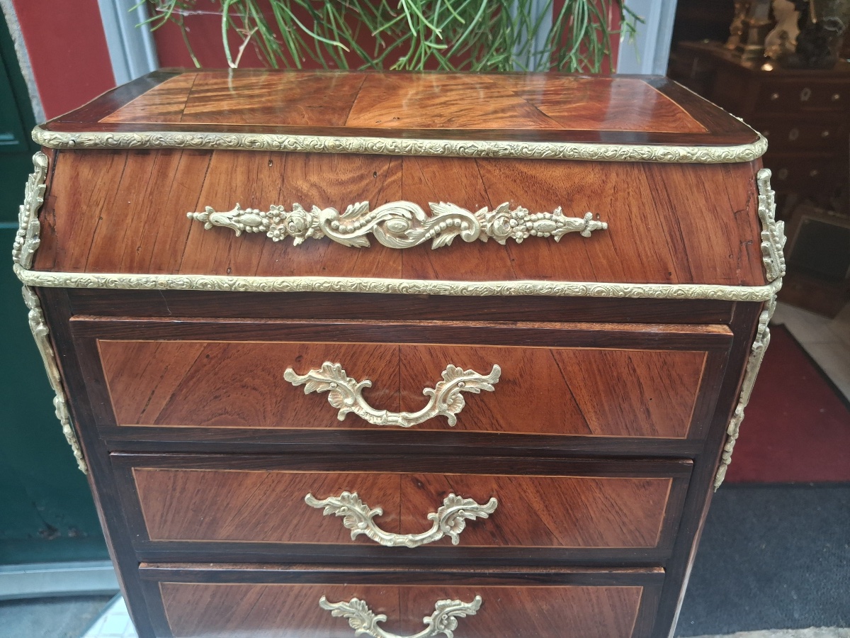 Meuble de maîtrise : chiffonnier marqueté , de style Louis XV , époque XIX ème .-photo-5
