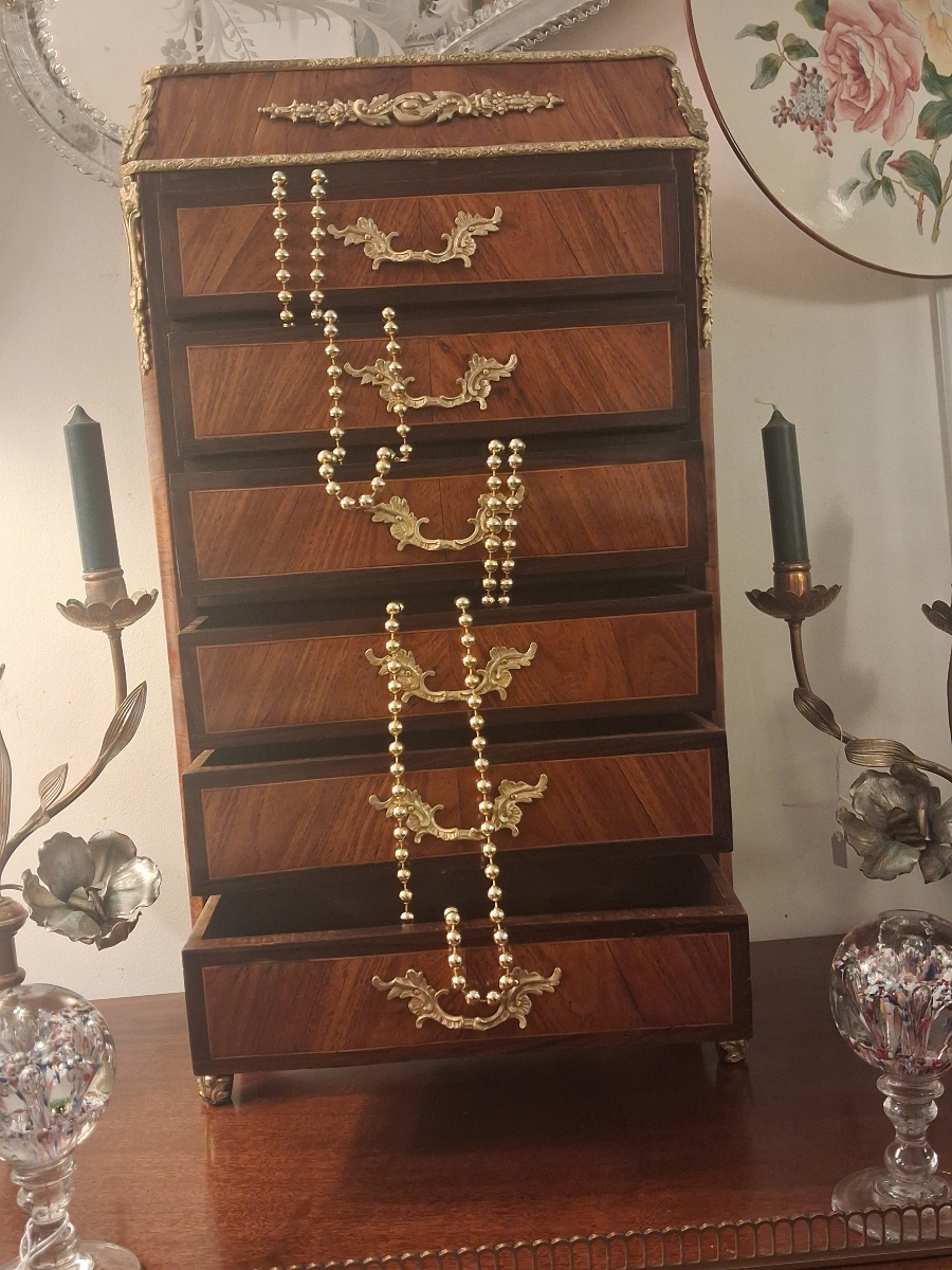Meuble de maîtrise : chiffonnier marqueté , de style Louis XV , époque XIX ème .-photo-7