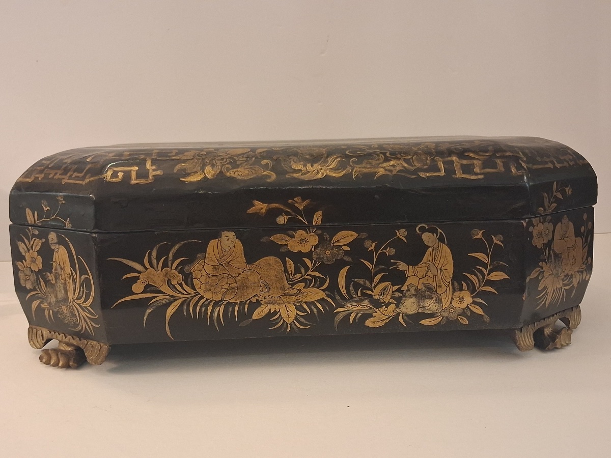 Grande boite à jeu chinoise , en laque noire et dorée ,complète , Canton XIX ème -photo-6