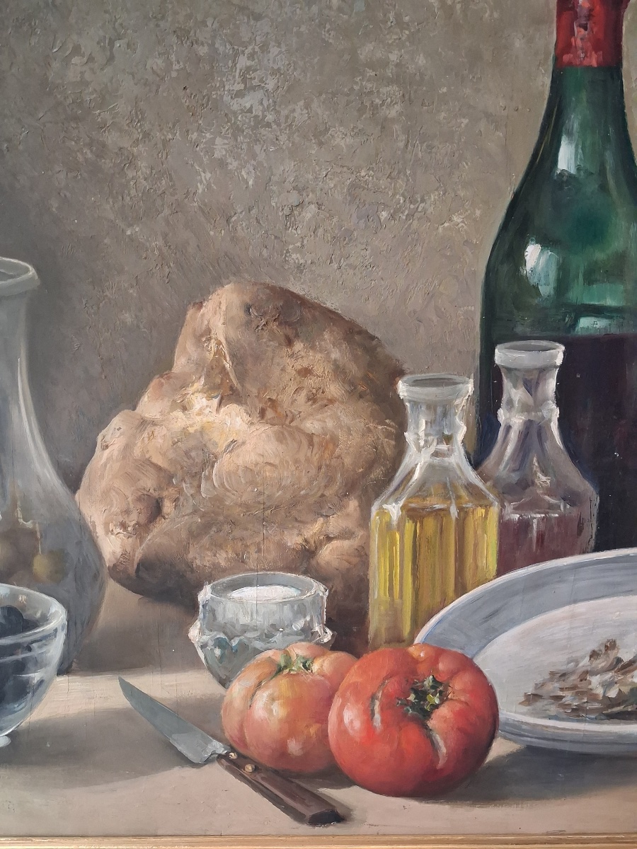 Nature morte signée d'Honoré Camos  ( 1906- 1991 )olives tomates et vin ... au dos  une étude  -photo-2