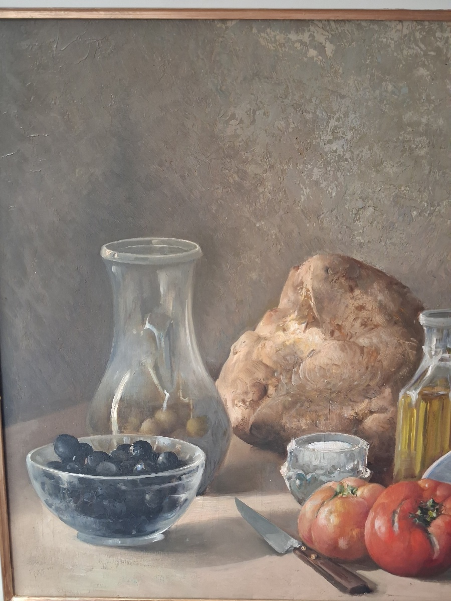 Nature morte signée d'Honoré Camos  ( 1906- 1991 )olives tomates et vin ... au dos  une étude  -photo-1