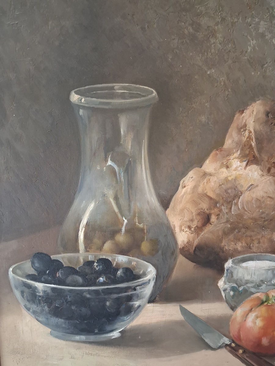 Nature morte signée d'Honoré Camos  ( 1906- 1991 )olives tomates et vin ... au dos  une étude  -photo-3