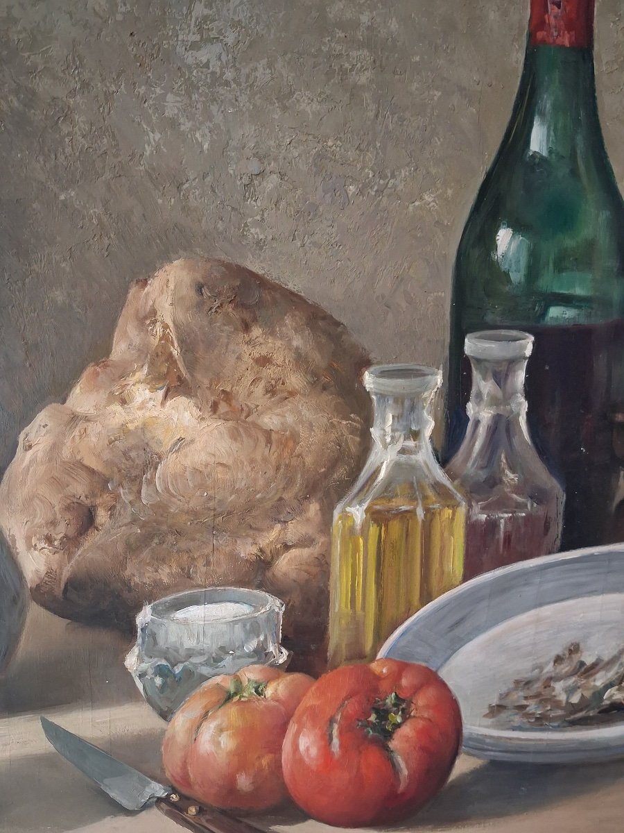 Nature morte signée d'Honoré Camos  ( 1906- 1991 )olives tomates et vin ... au dos  une étude  -photo-4