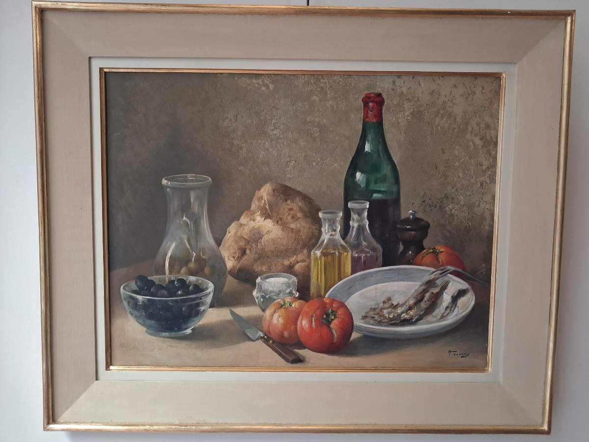 Nature morte signée d'Honoré Camos  ( 1906- 1991 )olives tomates et vin ... au dos  une étude  -photo-7