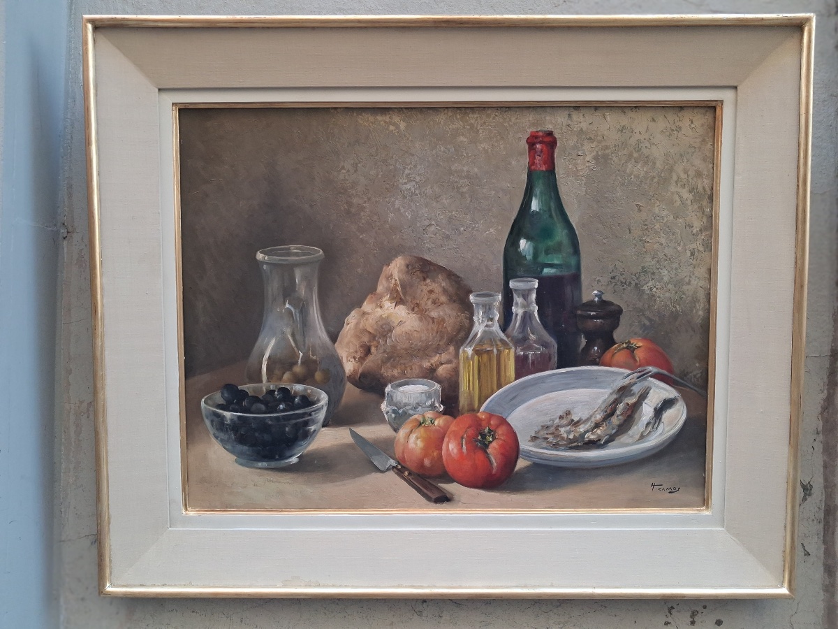Nature morte signée d'Honoré Camos  ( 1906- 1991 )olives tomates et vin ... au dos  une étude  