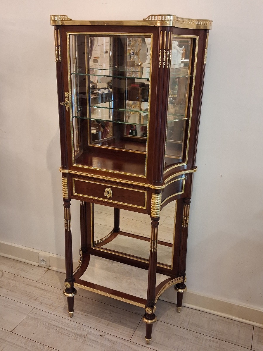 Curved Mahogany Display Cabinet With Chiseled And Gilded Bronze Decorations, Louis XVI Style, 19th Century-photo-7