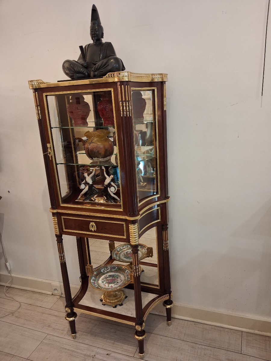 Curved Mahogany Display Cabinet With Chiseled And Gilded Bronze Decorations, Louis XVI Style, 19th Century-photo-8