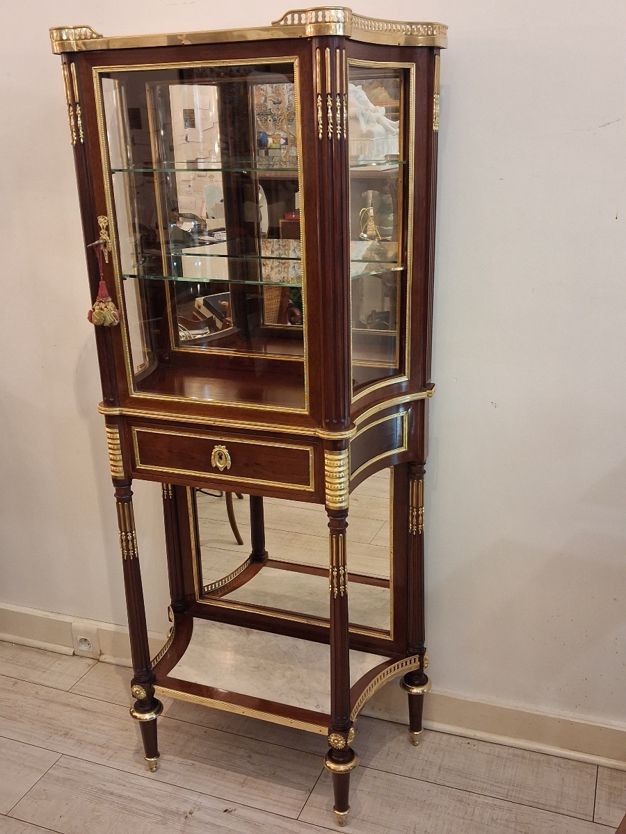 Curved Mahogany Display Cabinet With Chiseled And Gilded Bronze Decorations, Louis XVI Style, 19th Century