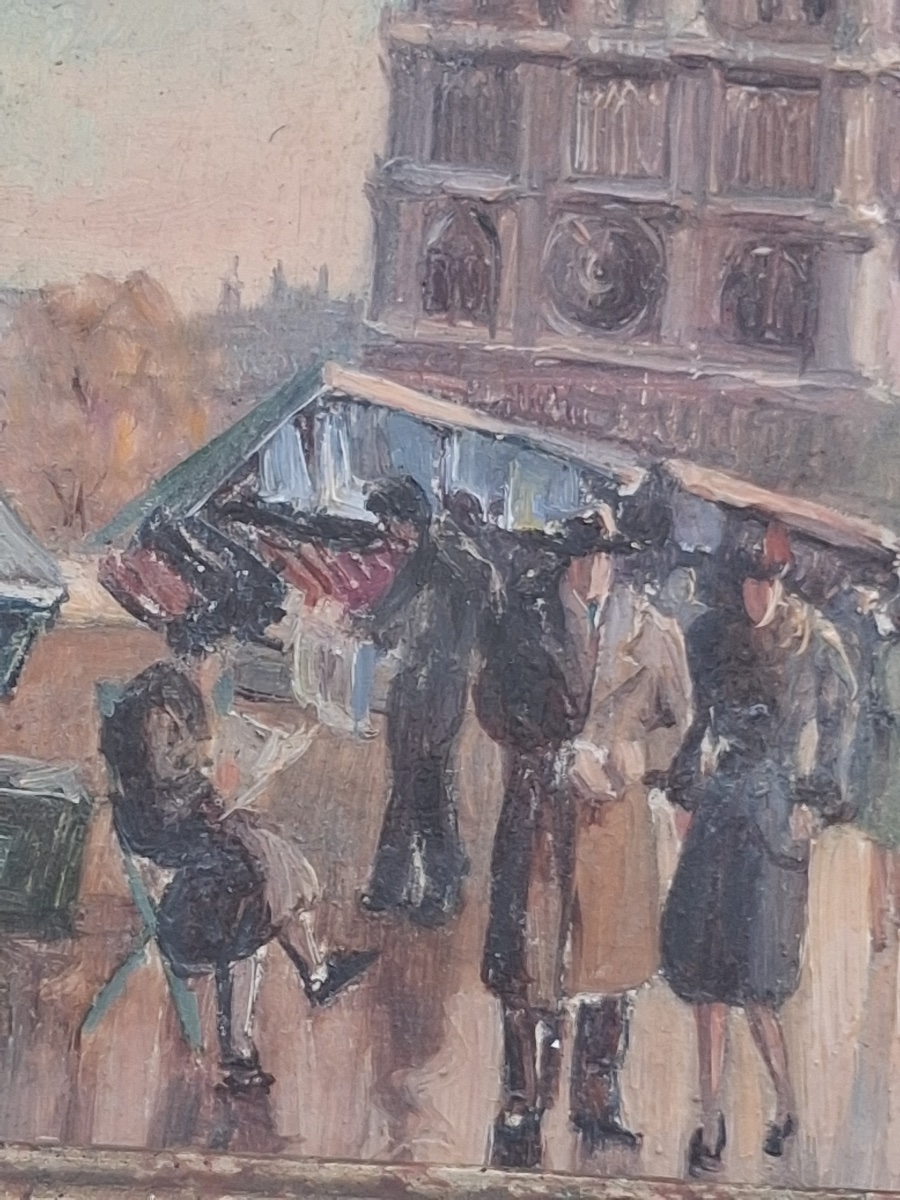 Notre Dame And The Book Sellers On The Banks Of The Seine: Oil On Panel, Signed By A. Michel -photo-3