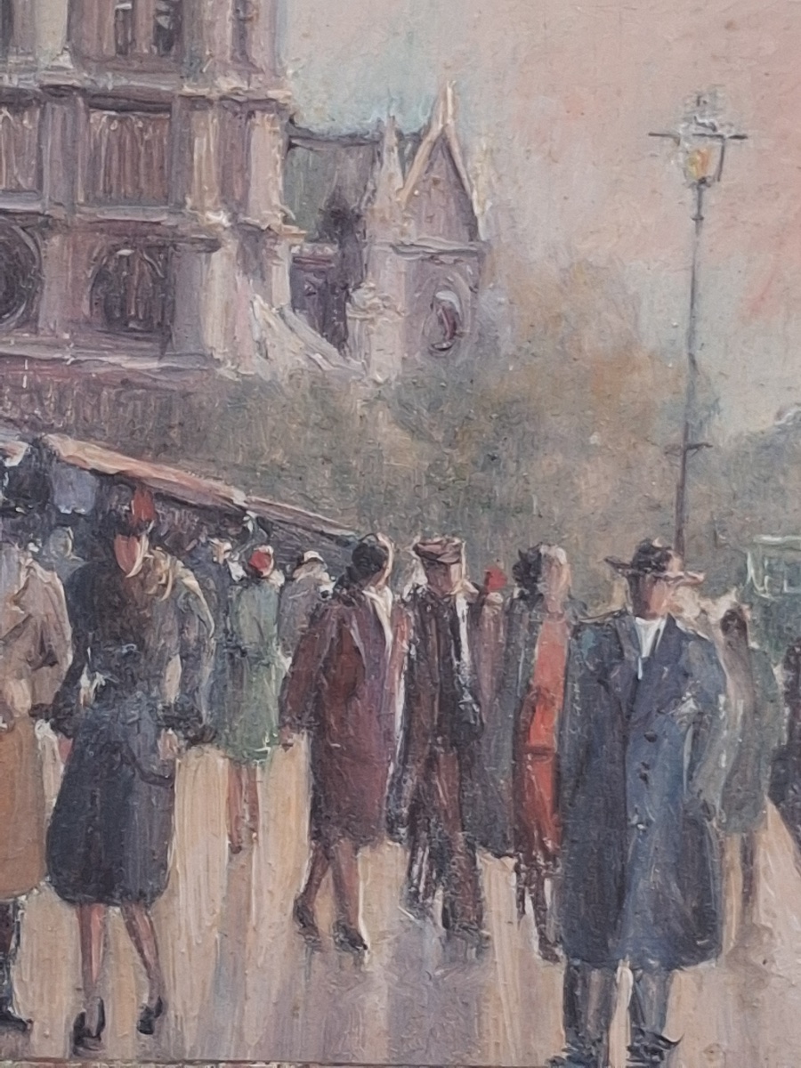 Notre Dame And The Book Sellers On The Banks Of The Seine: Oil On Panel, Signed By A. Michel -photo-2