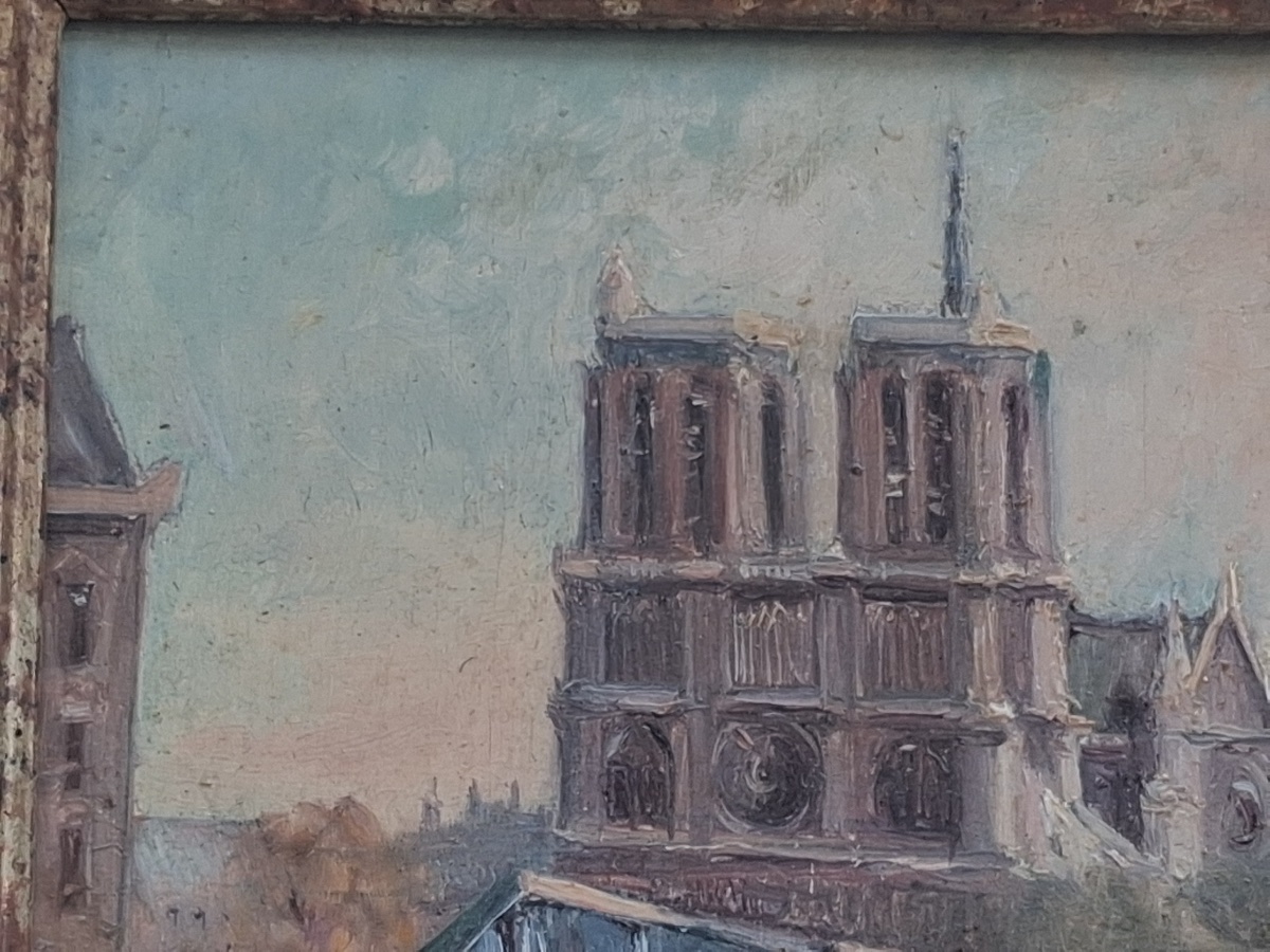 Notre Dame And The Book Sellers On The Banks Of The Seine: Oil On Panel, Signed By A. Michel -photo-3