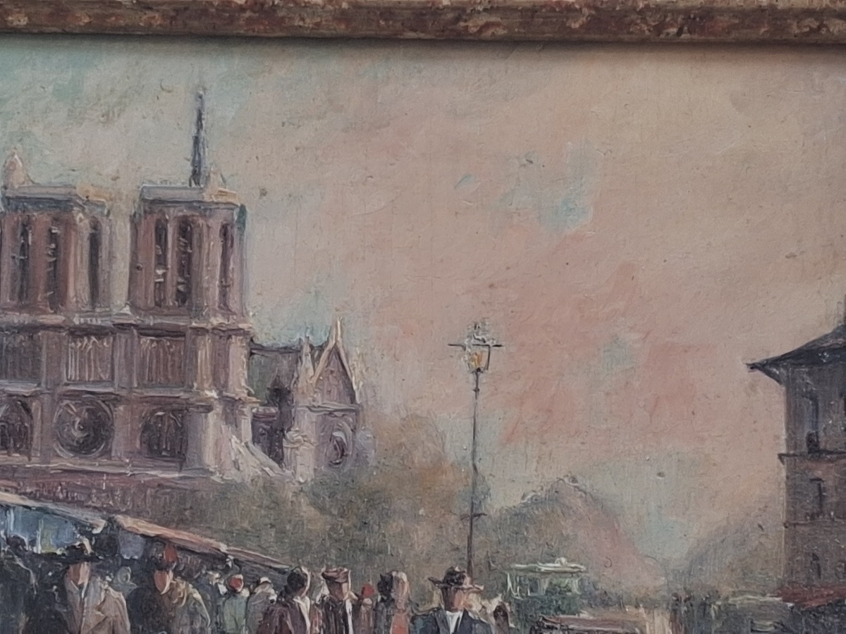 Notre Dame And The Book Sellers On The Banks Of The Seine: Oil On Panel, Signed By A. Michel -photo-4