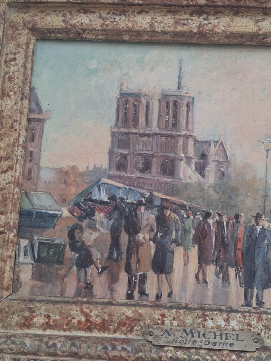 Notre Dame And The Book Sellers On The Banks Of The Seine: Oil On Panel, Signed By A. Michel -photo-5