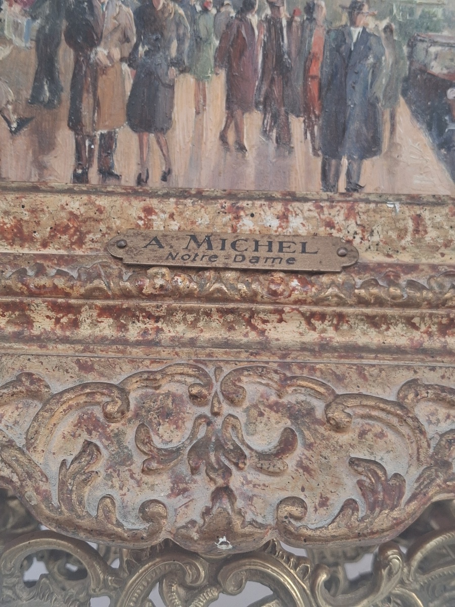 Notre Dame And The Book Sellers On The Banks Of The Seine: Oil On Panel, Signed By A. Michel -photo-7