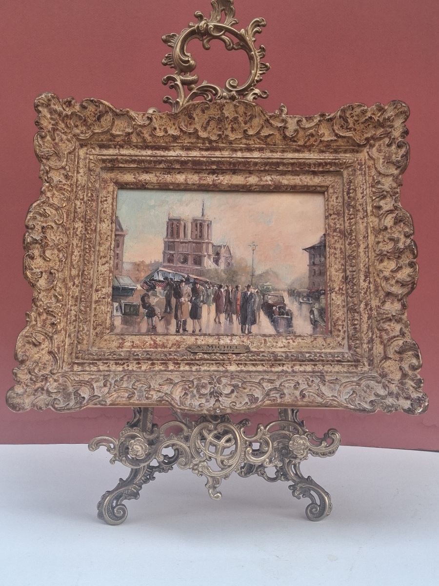 Notre Dame And The Book Sellers On The Banks Of The Seine: Oil On Panel, Signed By A. Michel 