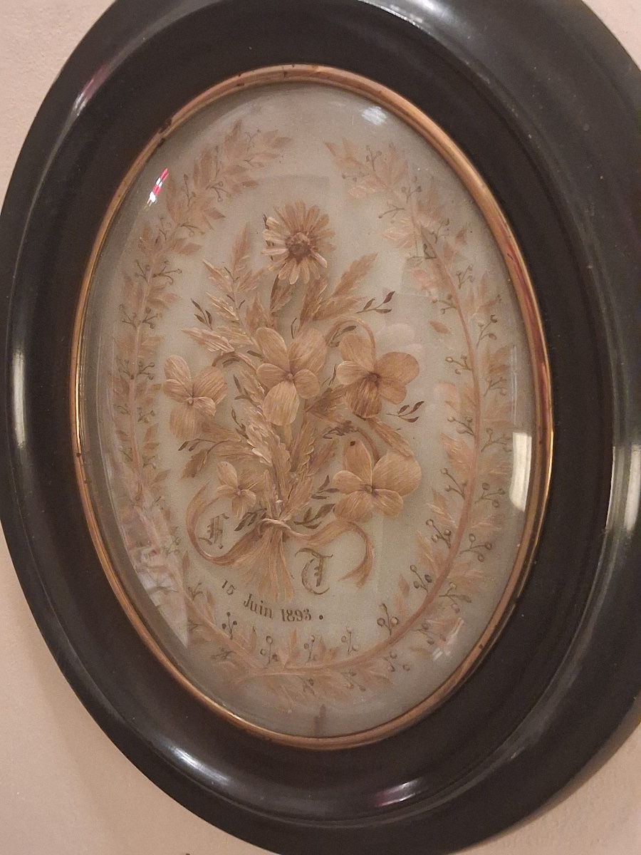 Travail de cheveux en bouquet dans un cadre au verre bombé époque NAPOLÉON III-photo-4
