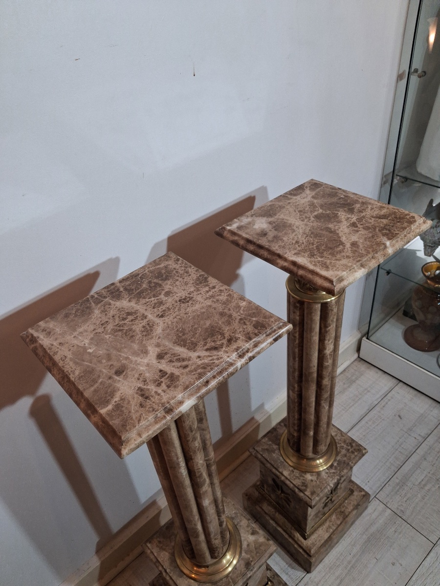 Paire de colonnes en marbre , chapiteau corinthien en bronze , base carrée  XXème-photo-3