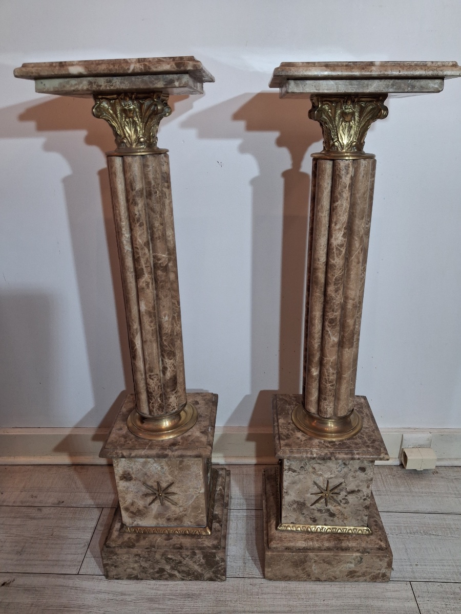 Paire de colonnes en marbre , chapiteau corinthien en bronze , base carrée  XXème-photo-4